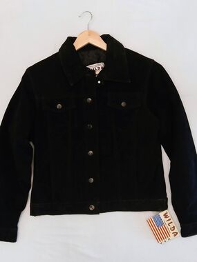 Vintage NWT Wilda USA Genuine Leather Suede Trucker Jacket Black Blackout Size M